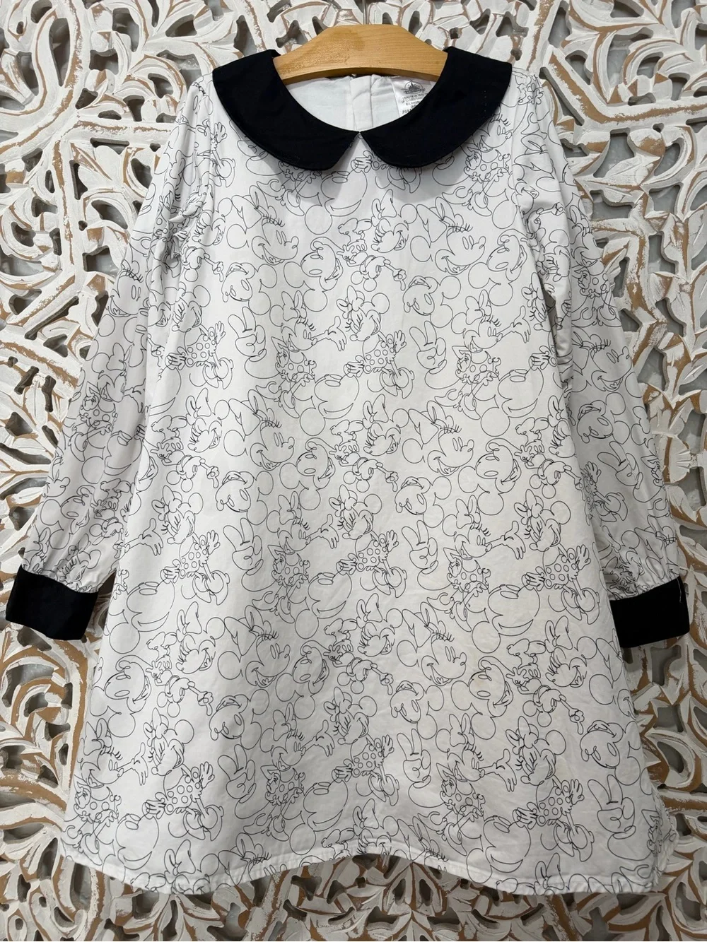 Disney White Peter Pan Collar Dress with Black Trim Mickey and Minnie Outlines.